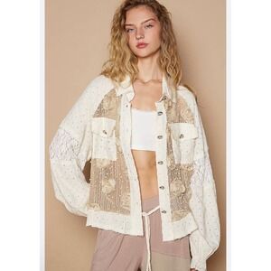 POL Lace Floral Patchwork Jacket Womens Medium Pink Beige Good UWT156 Pearl Boho